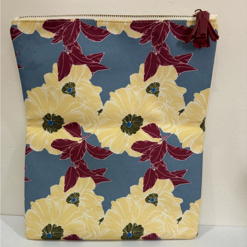 Rachel Pally Floral Printed Canvas Leather Trim Clutch Bag Tassel Zipper